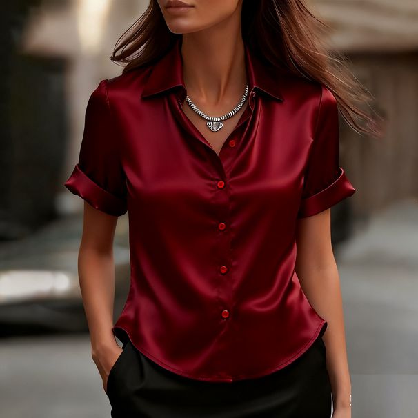 Elegant Satin Short Sleeve Blouse - Flowy V-Neck Womens Top With Floral Print, Breathable Polyester Blend, Versatile For Work & Casual_ecoleips.com
