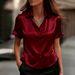 Elegant Satin Short Sleeve Blouse - Flowy V-Neck Womens Top With Floral Print, Breathable Polyester Blend, Versatile For Work & Casual_ecoleips.com