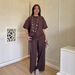 Snoryin Women's Linen-Blend Casual Set Relaxed Short Sleeve Tee And Wide Leg Pants Outfit In Olive Khaki Navy Pink_ecoleips.com