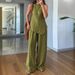 Women's Clothing Casual Round Neck Pullover Sleeveless Plus Pocket Trousers Cotton Multi Color Suit_ecoleips.com