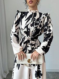 Women's New Hot Sale Fashion Slim Long Skirt Printed Waist Long Sleeve Dress_ecoleips.com