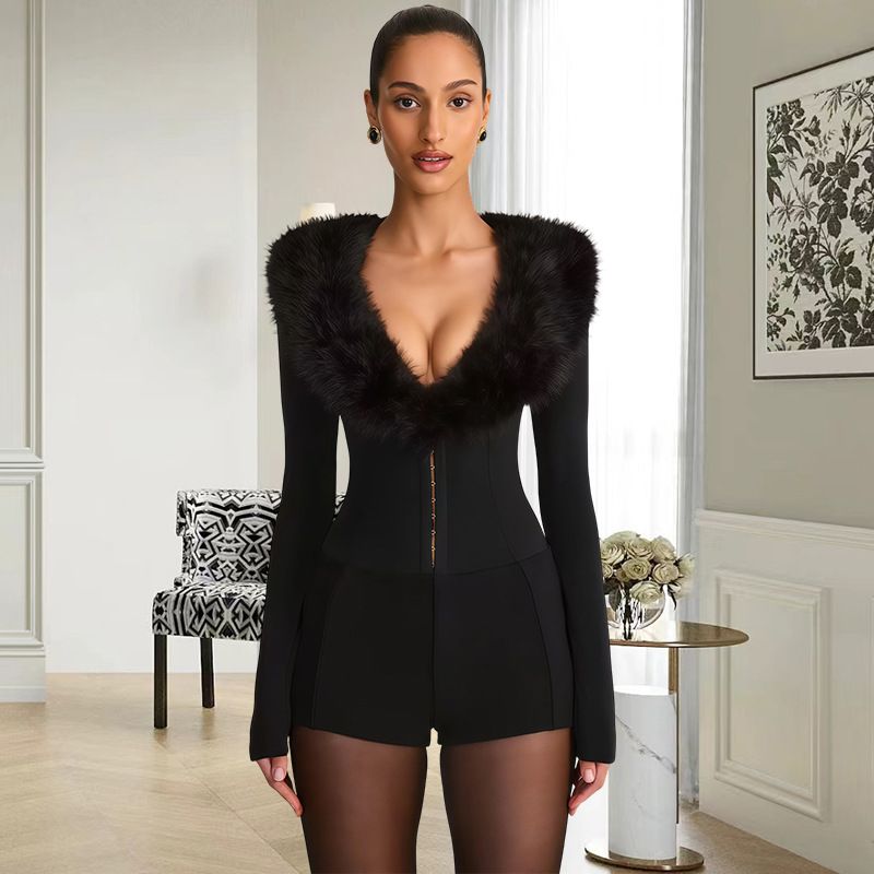 Slim Fit Women's Jumpsuit Fur Collar European American Style Sexy Evening Party Wear Fashion Autumn Luxurious_ecoleips.com