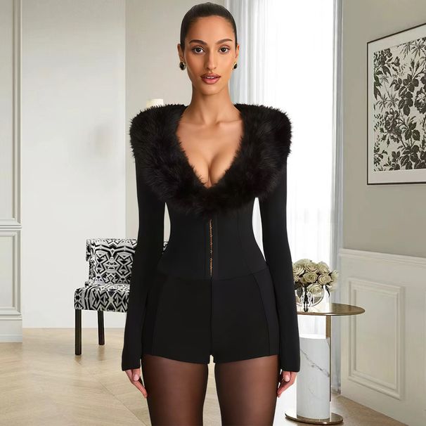 Slim Fit Women's Jumpsuit Fur Collar European American Style Sexy Evening Party Wear Fashion Autumn Luxurious_ecoleips.com