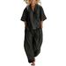 Women's Solid Color Two Piece Set V Neck Short Sleeve Top & High Waisted Trousers Casual American Style Pant Suit_ecoleips.com