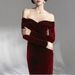 Women's Clothing one line collar, off shoulder, long sleeved, velvet, large skirt, evening dress, toast dress, bridesmaid dress_ecoleips.com
