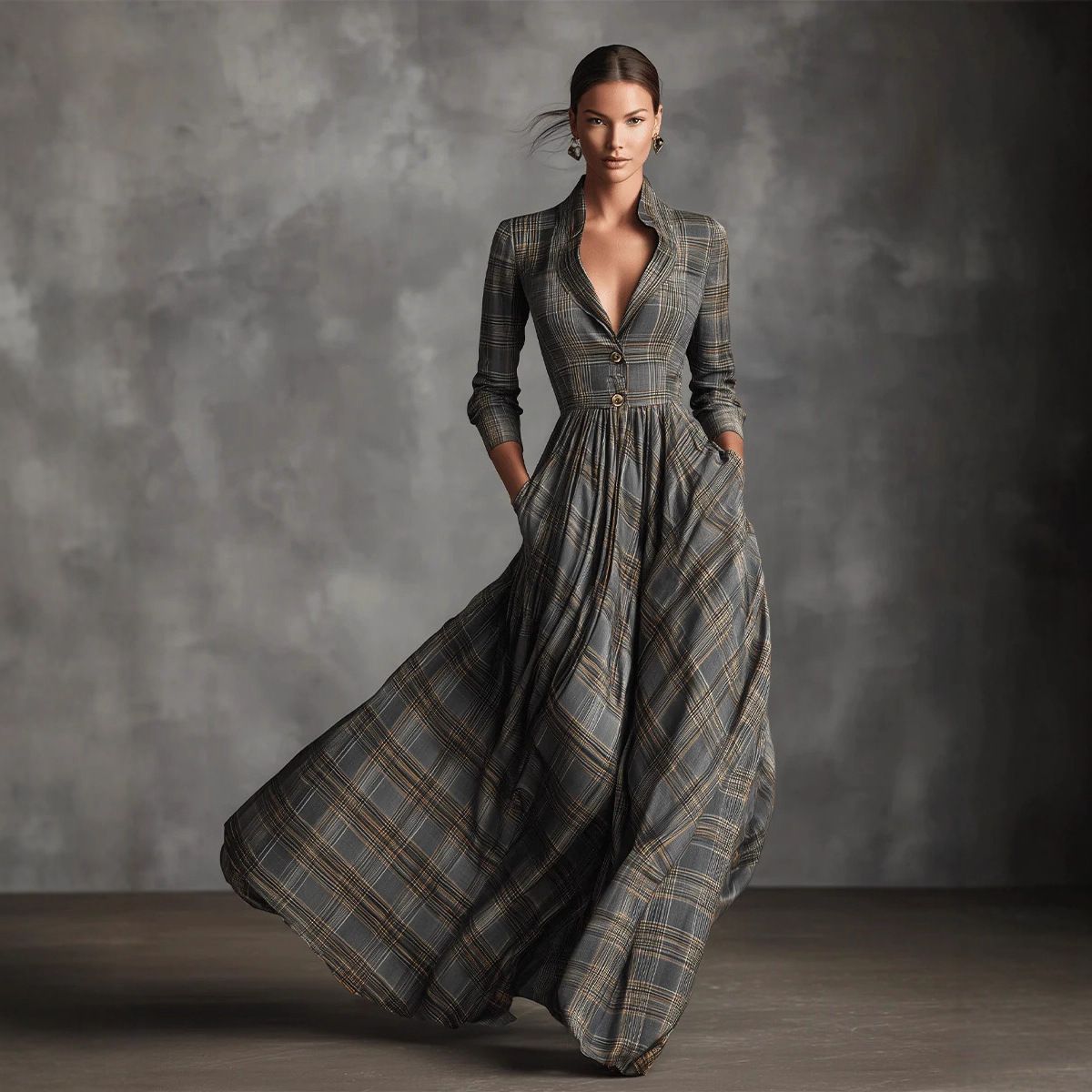 A Chic Autumn/Winter Dress With Retro Plaid Pattern, A Flowing Long Skirt, And A V-Neckline In A French-Inspired Style._ecoleips.com