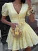 Tossy Yellow Lace-Up Printed Mini Dress Women's V-Neck Slim Short Sleeve Elegant Commute Bandage Dress Evening Ladies Clothes_ecoleips.com