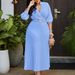 Elegant V-Neck Pleated Midi Dress With Detachable Belt – Women’s Stretchy A-Line Dress (Breathable Polyester-Spandex, Dusty Blue/Deep Green, S-XXXL)_ecoleips.com