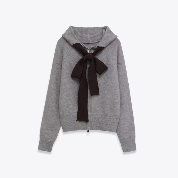 Women's Gray Hooded Fashion Bow-knot Knitted Zip-up Cardigan Jacket, New Autumn Winter European And American_ecoleips.com