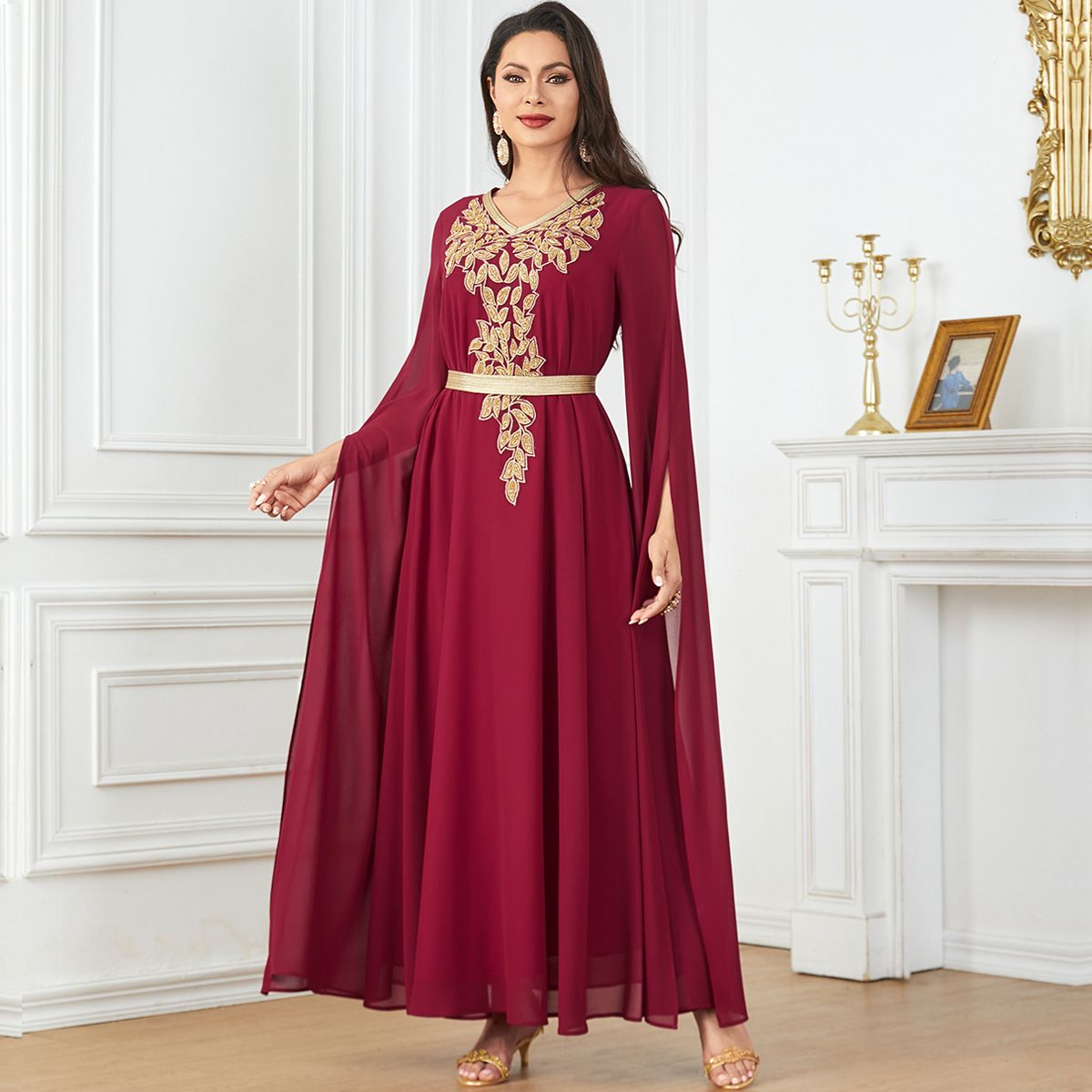 3853 Middle East Cross-Border New Solid Color Muslim Robe With Extra Long Sleeves And Large Hem Women's Dress_ecoleips.com