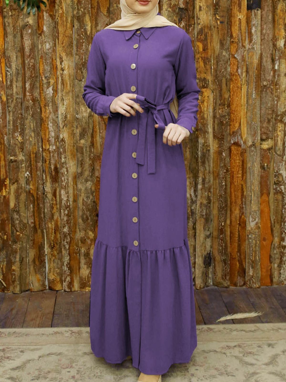 Modest Evening Dress Middle Eastern Abaya Dresses Solid Color Long Sleeve Muslim Women's Fashion Tie Up Button_ecoleips.com