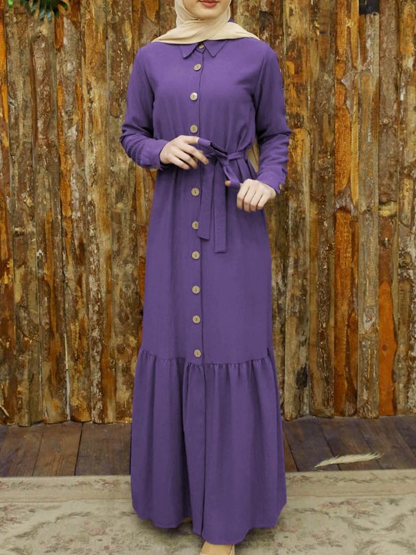 Modest Evening Dress Middle Eastern Abaya Dresses Solid Color Long Sleeve Muslim Women's Fashion Tie Up Button_ecoleips.com