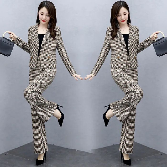 Women's Stylish Plaid Wide Leg Pants Set Korean Style Two Piece Early Autumn Commute Elegant Fashion_ecoleips.com
