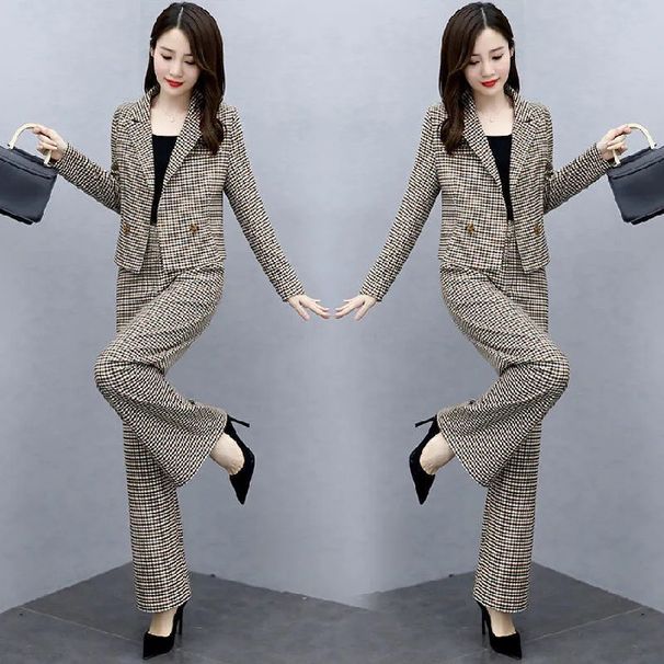 Women's Stylish Plaid Wide Leg Pants Set Korean Style Two Piece Early Autumn Commute Elegant Fashion_ecoleips.com