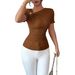 Elegant Pleated Slim Fit Knitted Short Sleeved Top Asymmetrical Neckline 3D Rose Gold Button Embellishments Women's Clothing Platform Style_ecoleips.com