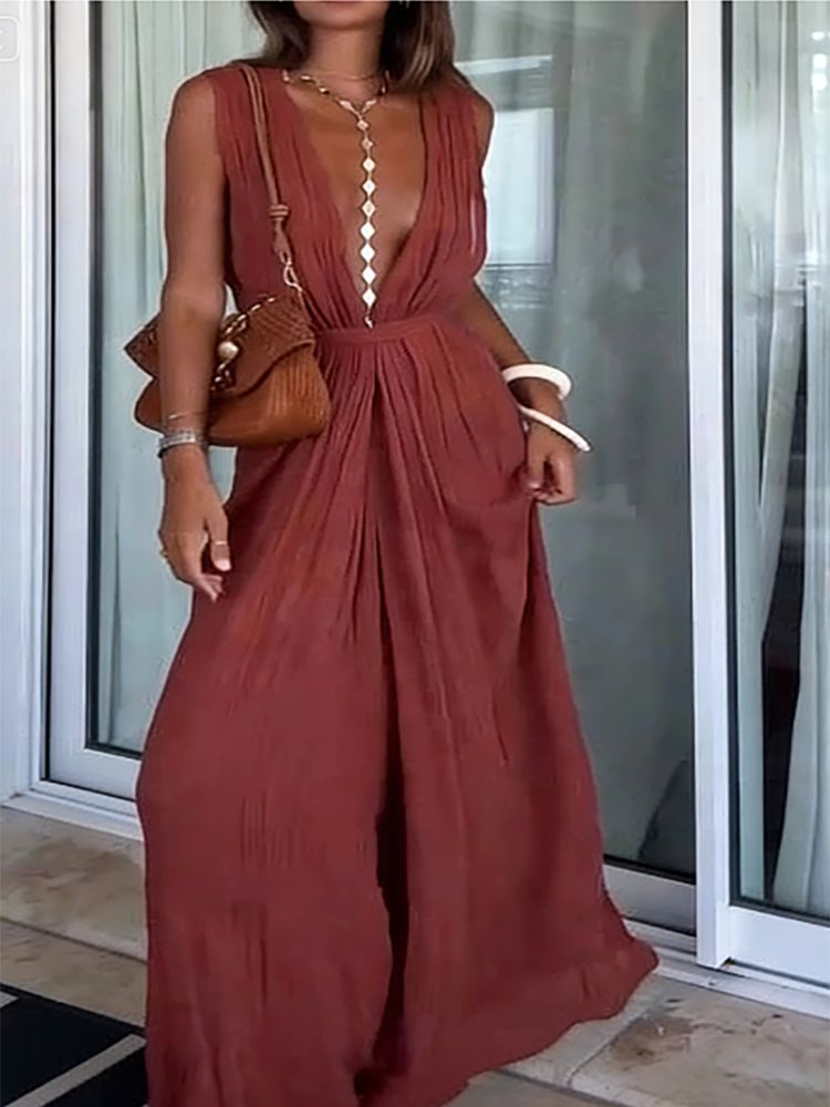 Simple Solid Color Lace Up Waist Women's Jumpsuit Casual Pleated Design Beach Rompers Summer Deep V Sleeveless Loose Playsuit_ecoleips.com