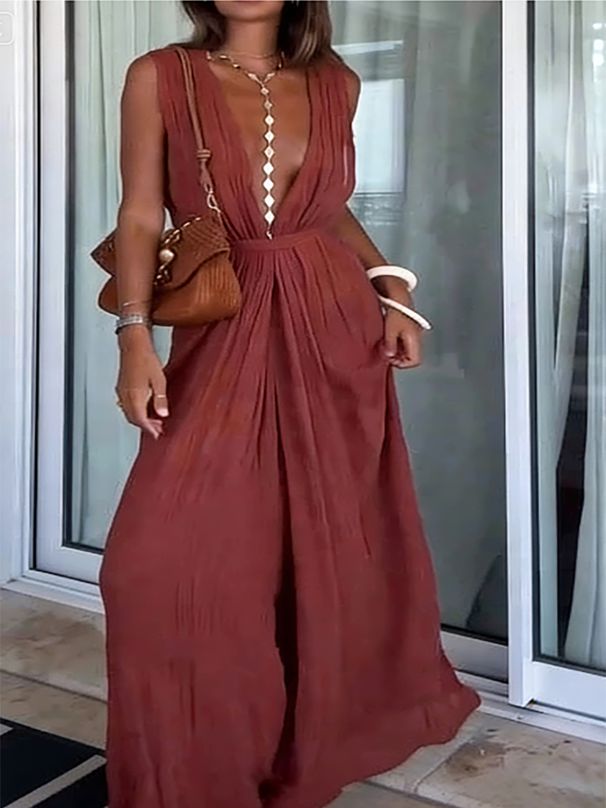 Simple Solid Color Lace Up Waist Women's Jumpsuit Casual Pleated Design Beach Rompers Summer Deep V Sleeveless Loose Playsuit_ecoleips.com