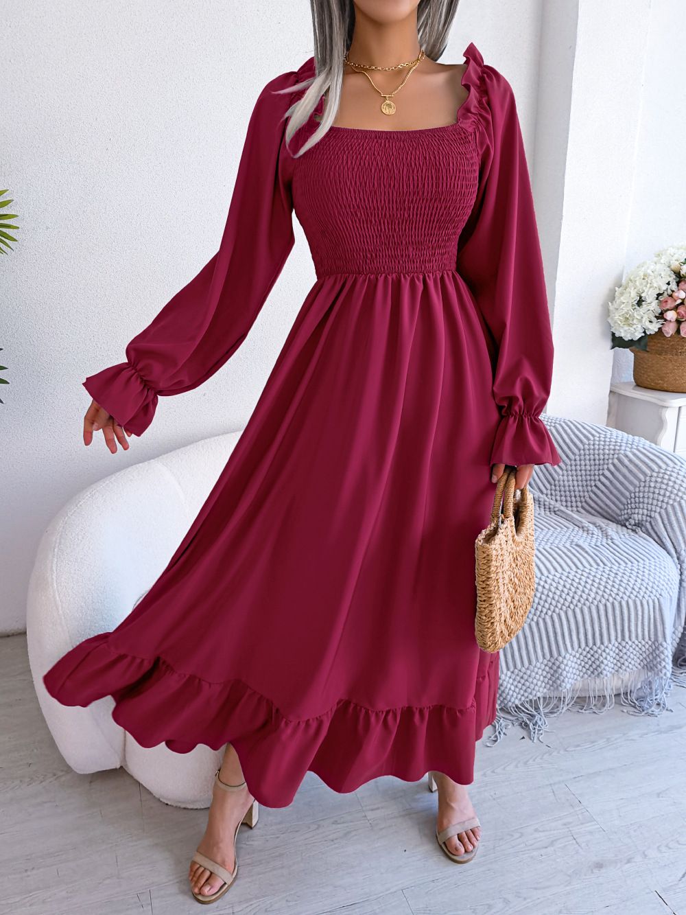 Real Shot Of 2026 Spring/Summer European And American Casual Square-neck Bell-sleeve Long Dress With Large Ruffles,_ecoleips.com