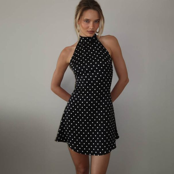 Women's Sexy Polka Dot Halter Sleeveless Belted Bodycon Mini Dress – Summer Party Gown 2026_ecoleips.com