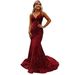 Sequined Ball Gown Slim Hip Wrapped Fishtail Small Trailing Evening Gown Spaghetti Straps V Neck Party Dress_ecoleips.com