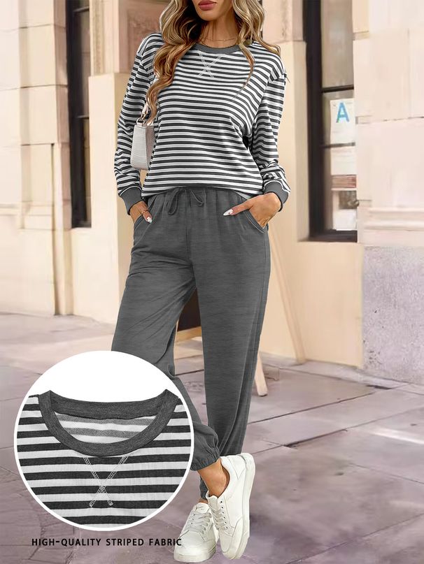 Women's Long Sleeve Round Neck Top And Pants Set - Striped Autumn Two-Piece Outfit_ecoleips.com