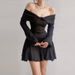 Black Knit Ruffled Mini Dress Women Patchwork Off-Shoulder Loose Slim Fashion Ribbed Dress Knitwear Clothes Female Dress_ecoleips.com