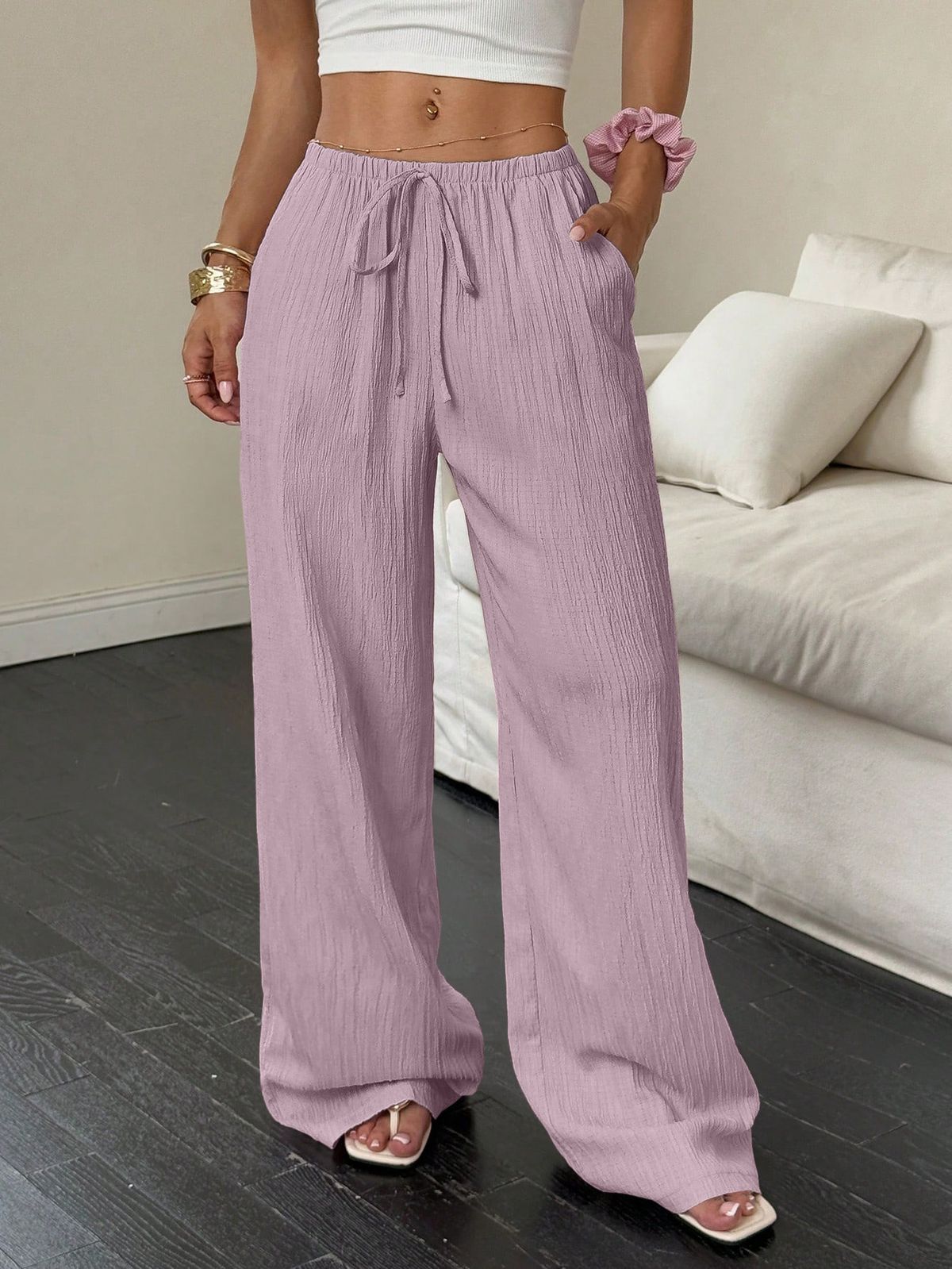 2025 Summer New Women's Casual Solid Color Textured Fabric Knotted Waist Oblique Pocket Wide Leg Pants_ecoleips.com