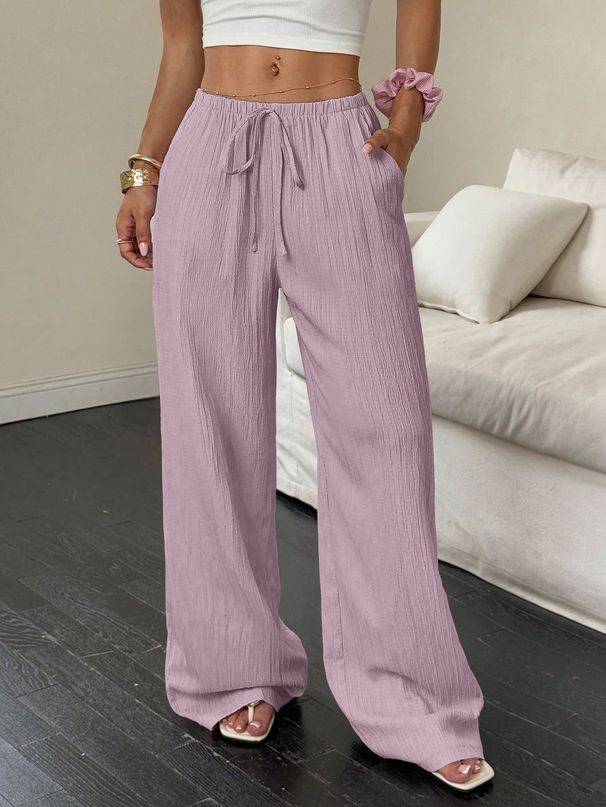 2025 Summer New Women's Casual Solid Color Textured Fabric Knotted Waist Oblique Pocket Wide Leg Pants_ecoleips.com