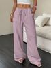 2025 Summer New Women's Casual Solid Color Textured Fabric Knotted Waist Oblique Pocket Wide Leg Pants_ecoleips.com