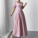 Women's Elegant Long Summer Dress With Waist Slimming Square Neck Puff Sleeves Simple European American Style_ecoleips.com