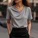 Women's Casual V-Neck Short Sleeve Loose Fit Pullover T-Shirt - Breathable Waffle Knit Fabric(White, Gray, Beige, Pink) - S-XXXL_ecoleips.com