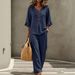 Women's Casual Two-Piece Set: V-Neck Button-Down Blouse With Flutter Sleeves & Elastic Waist Trousers_ecoleips.com