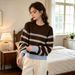 Youthful Color Blocked Striped Knitwear Retro Style Warm Versatile Women's Sweater for Autumn Winter Layering Basic_ecoleips.com