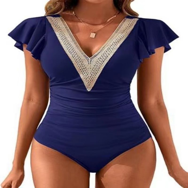 Women's Clothing ladies fashion high-end sexy jumpsuit solid color lace collar splicing one-piece swimsuit_ecoleips.com