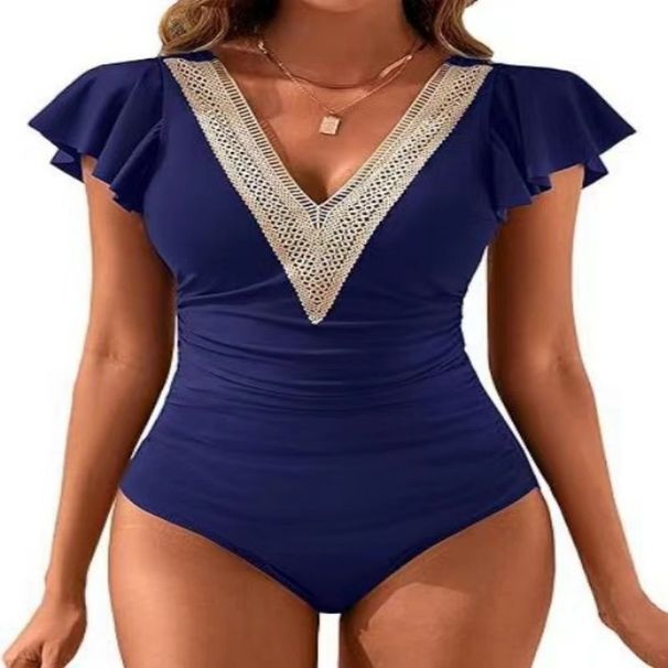 Women's Clothing ladies fashion high-end sexy jumpsuit solid color lace collar splicing one-piece swimsuit_ecoleips.com