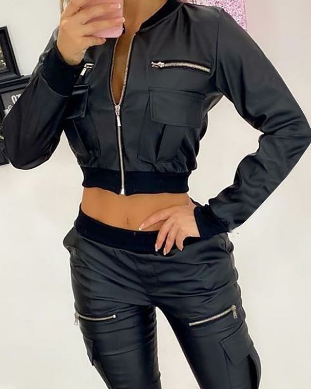 Women’s Clothing solid color pu short zipper pocket design slim baseball jacket_ecoleips.com