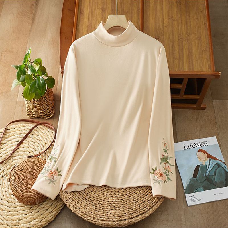 Autumn And Winter Retro German Velvet Artistic Embroidery Base, High Collar, Warm Ethnic Long-Sleeved T-Shirt Top For Wo_ecoleips.com