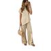 Women's European American Style Two Piece Set Short Sleeved Stand Collar Shirt & Solid Color Wide Leg Trousers Loose Waist Summer Outfit_ecoleips.com