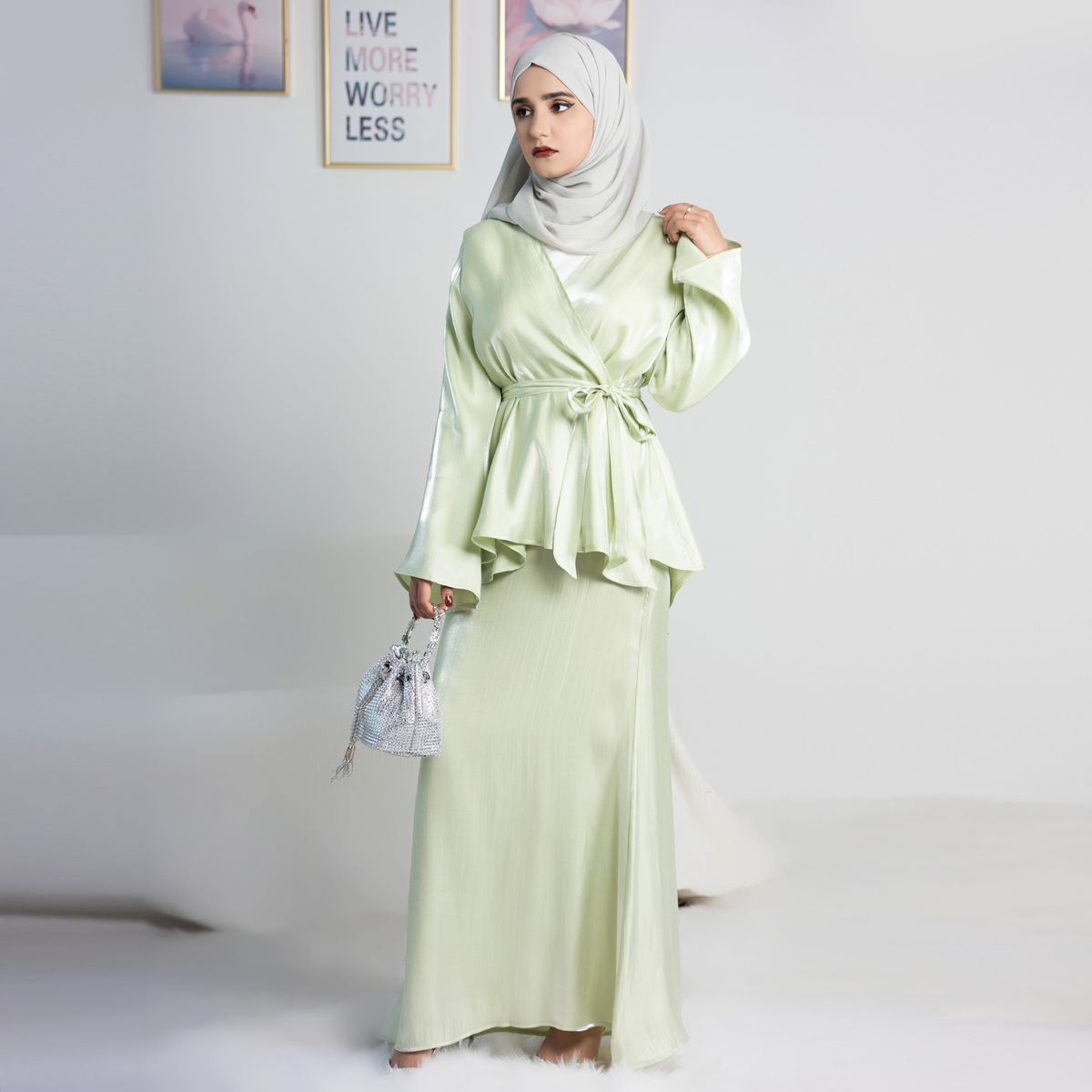 Women's Clothing Modest Abaya Dress Modest Two-Piece Set – Long Sleeve Top & Maxi Skirt With Tie Detail, Breathable Cotton Blend, Elegant Solid Colors_ecoleips.com