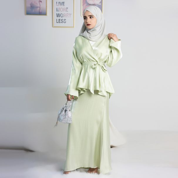 Women's Clothing Modest Abaya Dress Modest Two-Piece Set – Long Sleeve Top & Maxi Skirt With Tie Detail, Breathable Cotton Blend, Elegant Solid Colors_ecoleips.com