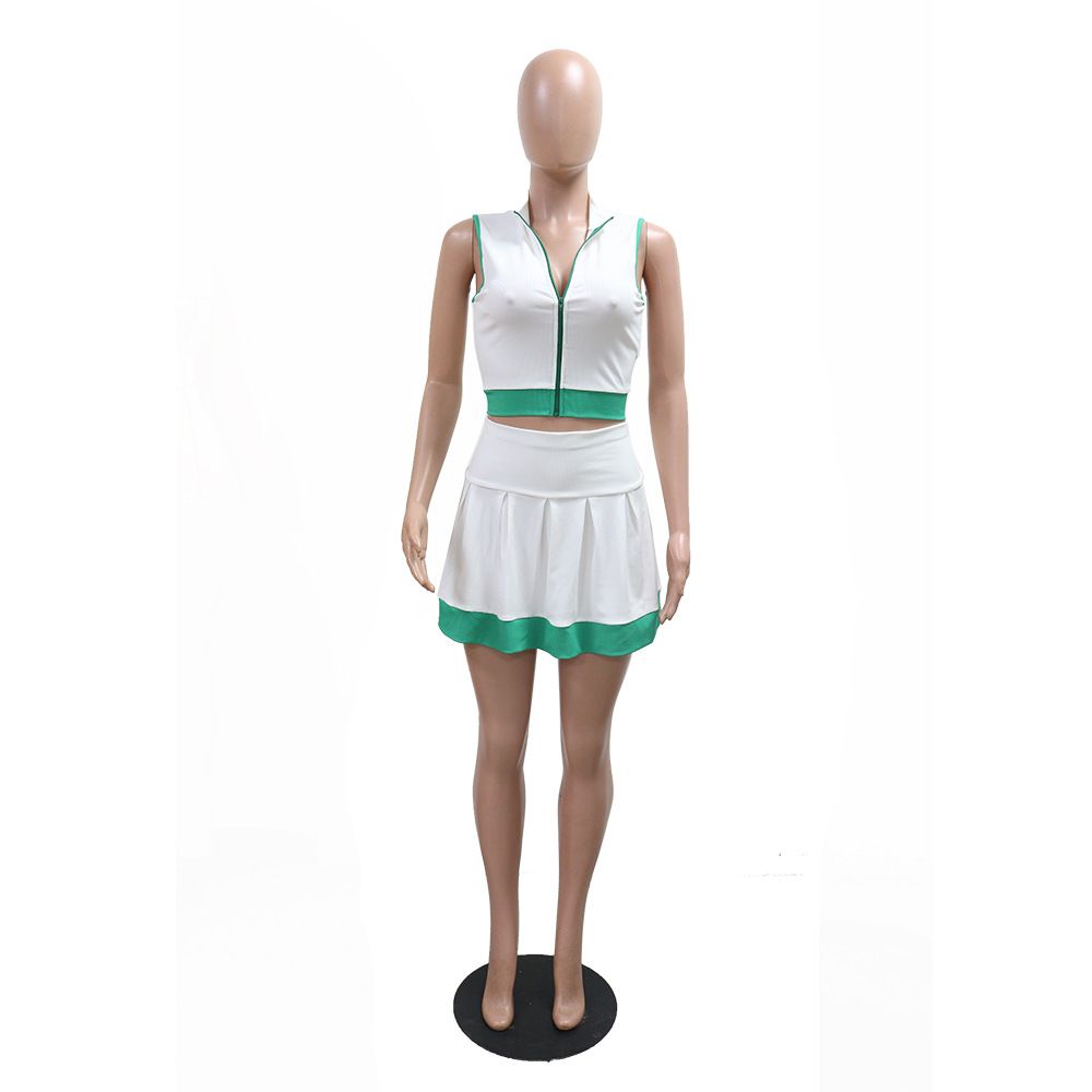 K New Sleeveless Zipper Top Paired With Short Skirt Set In Spliced Colors. No Accessories_ecoleips.com