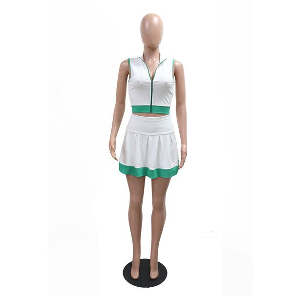 K New Sleeveless Zipper Top Paired With Short Skirt Set In Spliced Colors. No Accessories_ecoleips.com