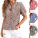 Women's Short Sleeve Button-Down Shirt, Casual Plaid Shirt With Ruffled Collar, Loose Fit Cotton Blend Top For Summer_ecoleips.com