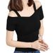 Women's Black Off-Shoulder T-Shirt Korean Style Summer 2026 Short Sleeve Sexy Trendy Top_ecoleips.com