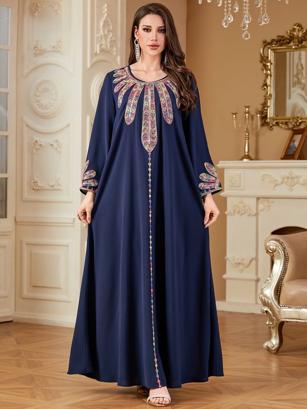 Turkish Style Long Robe Dress Women's Elegant Loose Fitting Embroidered Dress with Long Sleeves Fashionable Cross Border Trade Temperament Dress_ecoleips.com