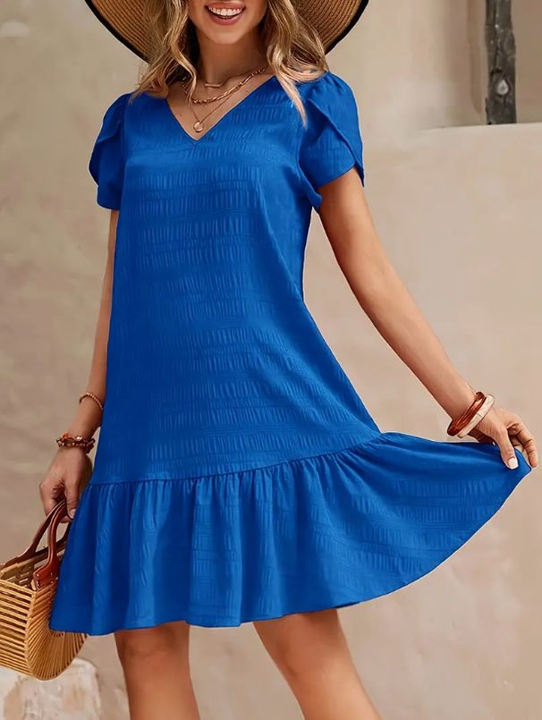 Women's V-Neck Casual Dress – Lightweight Short Sleeve Solid Color Relaxed Fit Maxi Dress For Everyday Wear_ecoleips.com