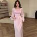 Women's Solid Color Pleated Silk Bodycon Dress Square Neck Flared Sleeves Patchwork Cross Border Sweet Style Clothing_ecoleips.com