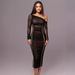 2025 Spring New Women's Long Sleeve Mesh Patchwork Asymmetrical Shoulder Mid-Length Fashion Pleated Dress For Women_ecoleips.com