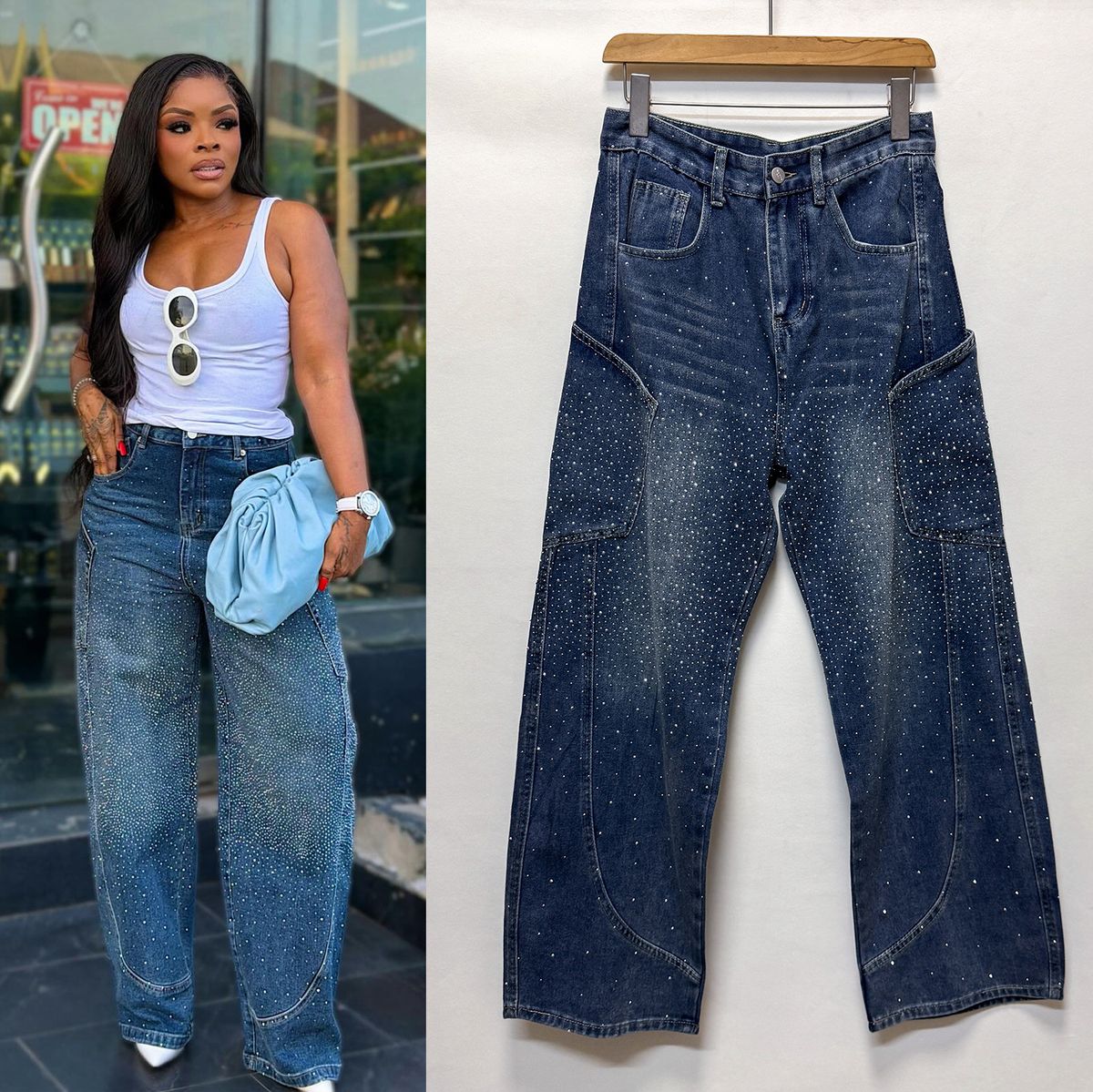 High Waisted Casual Curved Blade Jeans for Women Sparkly Hot Stamped Rhinestone Heavy Duty Loose Fitting European American Style Trousers_ecoleips.com