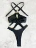 Sexy Black Ring Bikinis One Piece Cross Hollow High Waist Bathing Suits Biquini Back Tie Swimwear Women Beach Monokini Beachwear_ecoleips.com